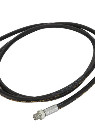 Introducing the AGCO | HYDR. HOSE - D45130020, a black hydraulic hose featuring metal connectors on both ends and conveniently coiled in a circular shape.