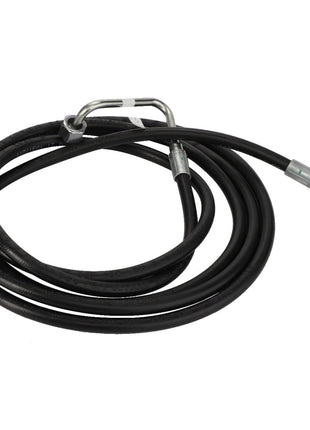 The AGCO | Hydraulic Hose - Acw4962890 is a coiled black rubber hose with sturdy metal connectors, meticulously designed for efficient fluid transfer applications.