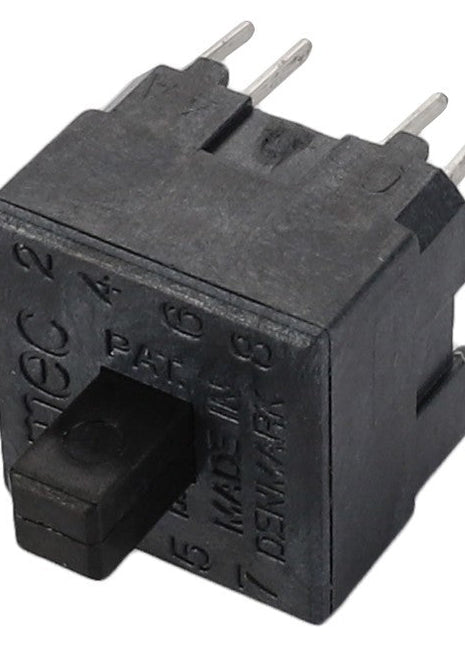 Close-up of a black rectangular electronic component with multiple metal pins, identified as the AGCO SWITCH - D45049800 push-button switch from the brand AGCO. No current product description available.