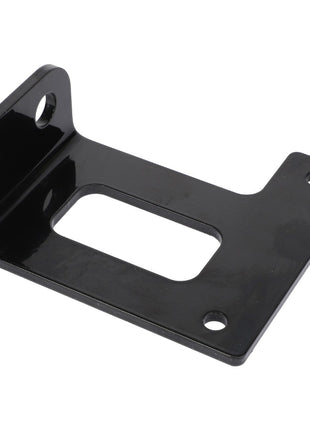 The AGCO Bracket - Al5222580 is a black metal bracket with two holes on the vertical side and two holes on the horizontal side, featuring a rectangular cutout in the center. No current product description available.