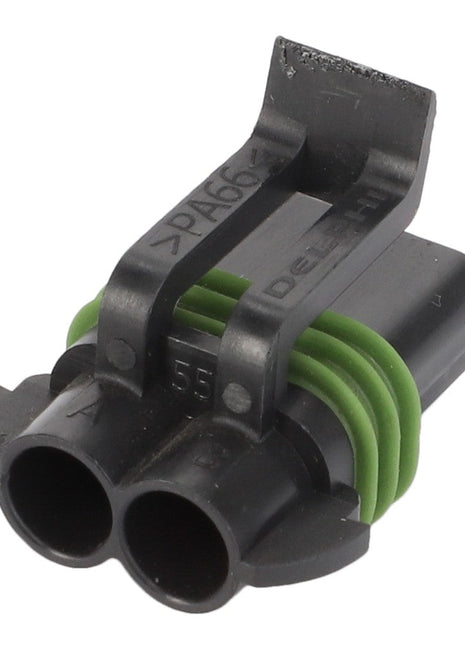 A close-up of a black and green two-pin automotive connector labeled "PA66" and "DELPHI," identified as the AGCO Socket Terminal - AG517617 from AGCO.