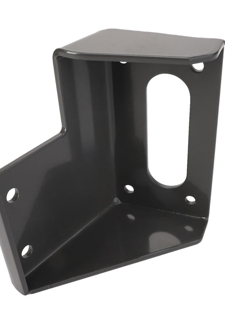 The AGCO Bracket, Left Hand - Acp0289940 is a black metal bracket with an angular design, featuring multiple mounting holes and an elongated oval cutout.