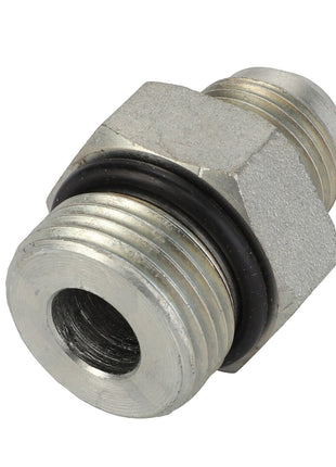 Introducing the AGCO | ADAPTER - AG122207, a robust metal hexagonal adapter fitting featuring threaded ends and a durable black rubber O-ring at its center. Ideal for ensuring secure and leak-free connections across various applications.