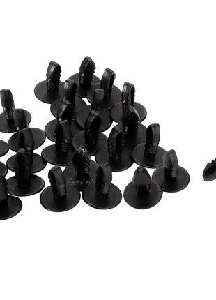 A collection of AGCO black automotive plastic fasteners, with one fastening part (F930500030900) separately placed on the right side. No current product description information is available.
