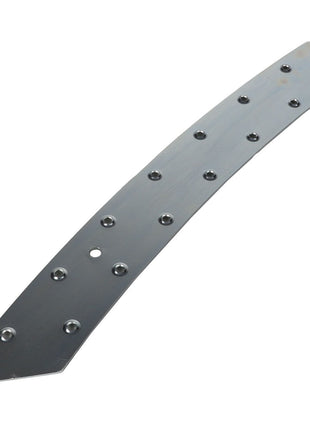 The AGCO Threaded Plate - Acw1961370 is a curved, elongated metal plate featuring multiple evenly spaced holes along its length.