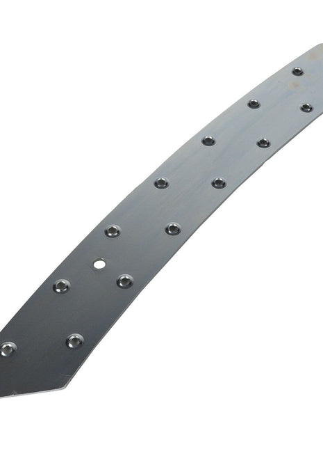 The AGCO Threaded Plate - Acw1961370 is a curved, elongated metal plate featuring multiple evenly spaced holes along its length.