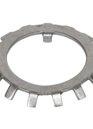 AGCO Lockwasher - 807693, a metal retaining ring featuring multiple tabs extending from its circumference, is displayed on a white background. Currently, there is no product description available.