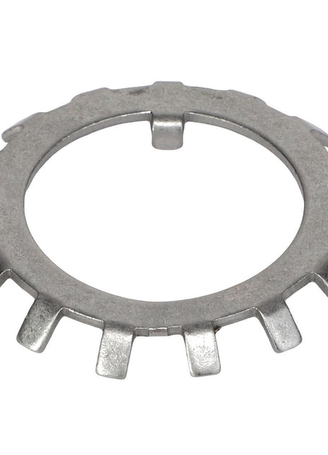 AGCO Lockwasher - 807693, a metal retaining ring featuring multiple tabs extending from its circumference, is displayed on a white background. Currently, there is no product description available.