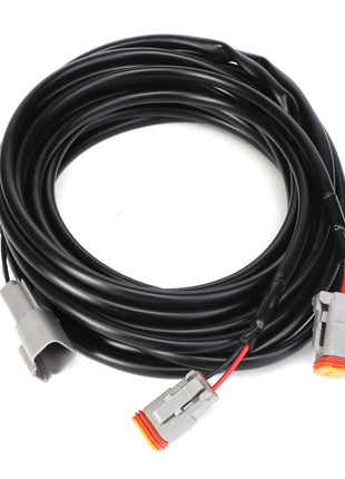 The AGCO Harness - Acp0344180 is a durable, coiled black cable featuring sleek gray and vibrant orange connectors at both ends.