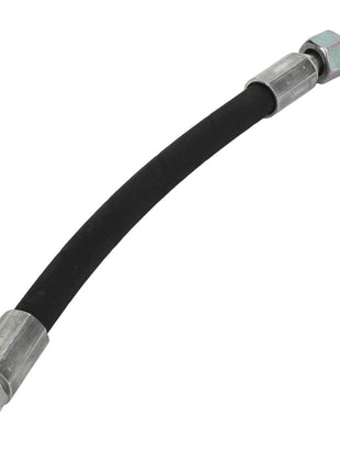 There is no current product description information available for the AGCO Hose - Acw171061A, a flexible black hose with metal fittings at both ends, featuring one straight end and one angled end.