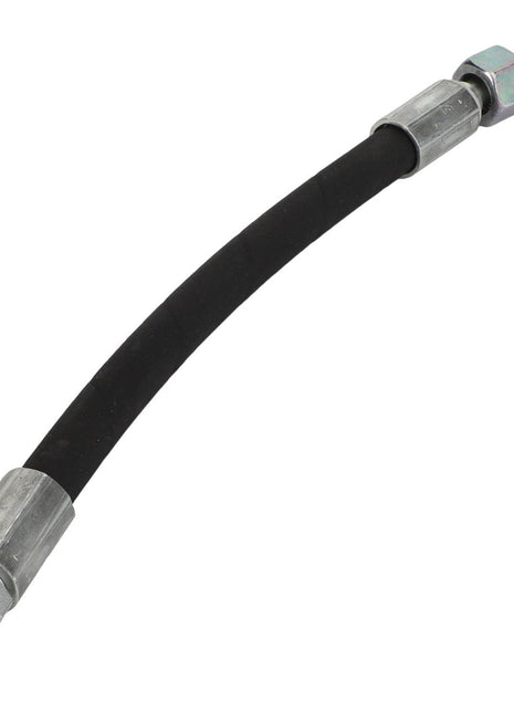 There is no current product description information available for the AGCO Hose - Acw171061A, a flexible black hose with metal fittings at both ends, featuring one straight end and one angled end.