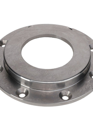 The AGCO | SPACER - AG726341, a circular metal flange with six evenly spaced bolt holes and a large central opening, is shown from above.