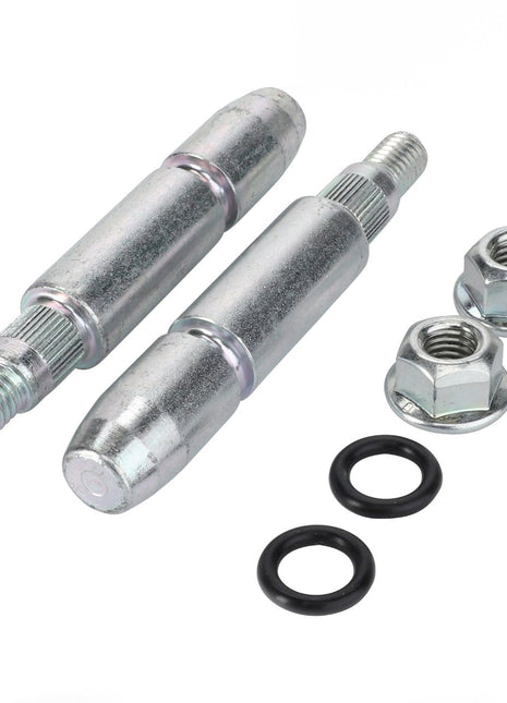 Two AGCO | DOWEL - AL10301554 metal bolts with nuts and washers. The bolts are cylindrical, with one end threaded and the other end rounded. Two black rubber washers and two metal hex nuts are placed beside the bolts. No information available about their specific use or material grade.