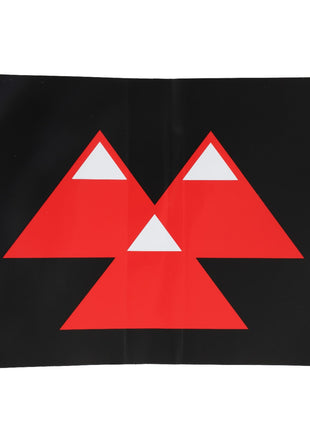 The AGCO | DECAL - D49100121 from AGCO is a sleek black rectangle with rounded corners, showcasing four striking red triangles perfectly arranged to form a larger triangle, all set against white triangular spaces in between.