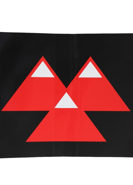 The AGCO | DECAL - D49100121 from AGCO is a sleek black rectangle with rounded corners, showcasing four striking red triangles perfectly arranged to form a larger triangle, all set against white triangular spaces in between.