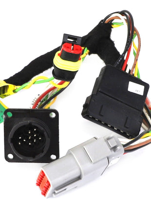 AGCO's Harness - 4280179M1 features multiple connectors and colored wires, including a square black connector, a round connector, and a gray connector with red tabs.