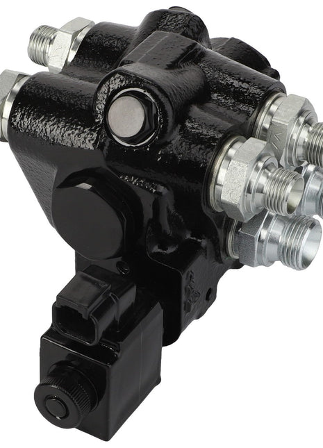 The AGCO Block - Acp0437380 hydraulic component features multiple threaded ports, a sleek black casing, and a rectangular electrical connector at the base.