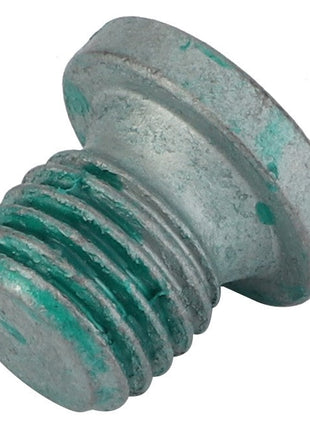 A close-up of a weathered, cylindrical AGCO Plug Screw - F530200090370 with a flat head and visible green corrosion on the threads.