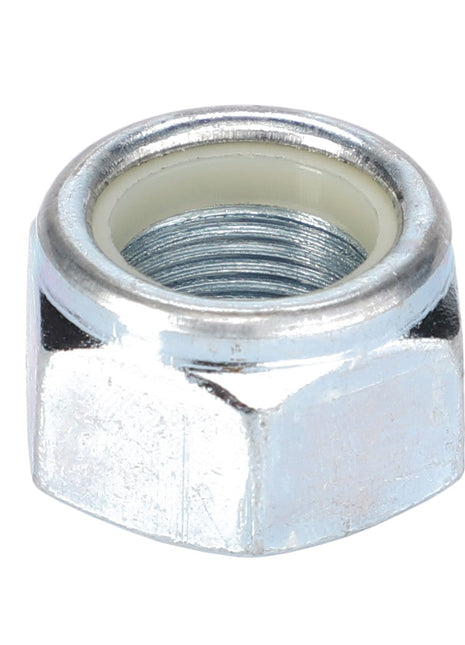 A close-up image of the AGCO | NUT - F339300020140, a metallic hex nut commonly used in fastening applications, featuring a nylon insert to prevent loosening. For any questions or assistance with ordering, please contact our support team.