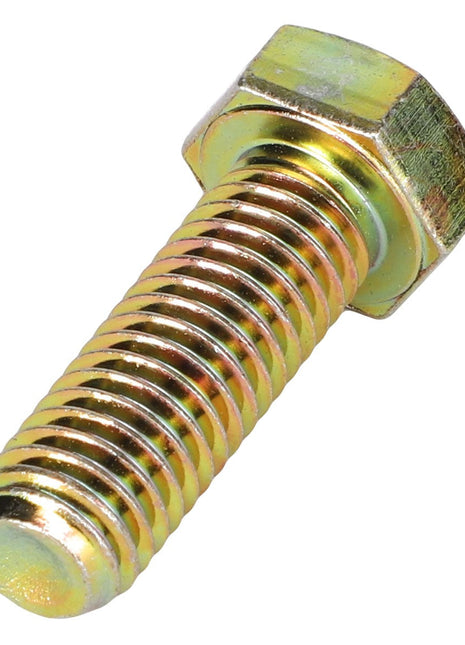 A close-up of the AGCO | HEXAGONAL HEAD BOLT - AG559237, showcasing its shiny hex head and detailed threading along the shaft. This bolt features a distinctive yellow-gold finish. Additional product description information is currently unavailable.