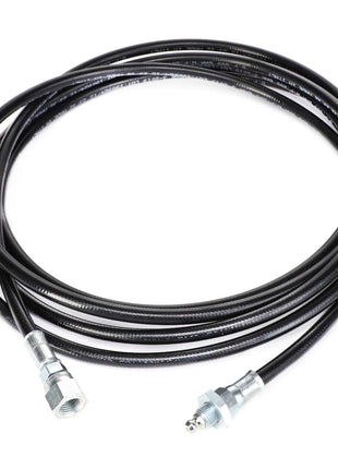 The AGCO Grease Line - Acx2771760, a coiled black hydraulic hose with metal fittings on both ends, offers exceptional durability and strength for high-pressure applications.