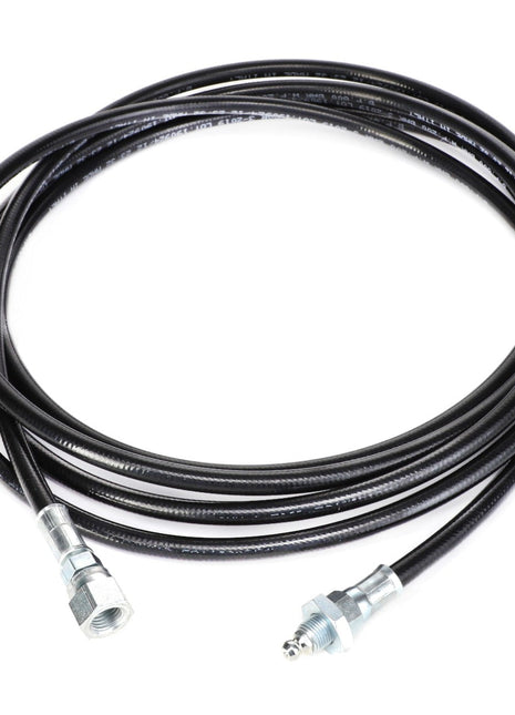 The AGCO Grease Line - Acx2771760, a coiled black hydraulic hose with metal fittings on both ends, offers exceptional durability and strength for high-pressure applications.
