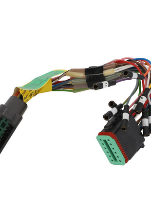 No current product description available for AGCO | Harness - Act0003340 by AGCO. This multi-colored wiring harness features connectors at both ends, including a black connector with green details and a rectangular connector with a green insert and multiple pins.