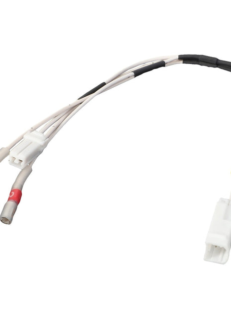 A pristine white two-connector cable assembly featuring three insulated wire leads, accompanied by a distinctive yellow identification tag – AGCO | Harness - Act0027300 by AGCO.