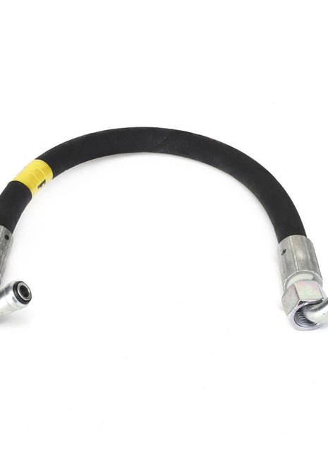 A black flexible hose with metal fittings on both ends—one straight and one angled—is shown against a white background. The product is identified as AGCO Hose - Acp0295740 by the brand AGCO. No current product description available.
