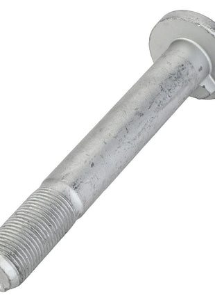 Product Description: The AGCO | Round Head Screw - F283700010030 by AGCO is a close-up of a silver metal bolt featuring a flat head. It has a threaded end and a smooth cylindrical body.