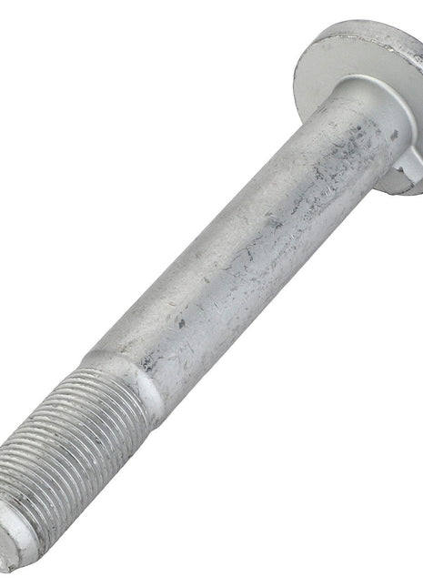 Product Description: The AGCO | Round Head Screw - F283700010030 by AGCO is a close-up of a silver metal bolt featuring a flat head. It has a threaded end and a smooth cylindrical body.