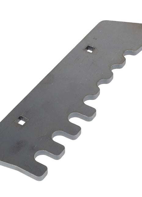 The AGCO Wear Plate - Acw9087820 is a gray metal tool with a rectangular base and a notched edge, featuring five curved cuts and two square holes. No current product description information is available.