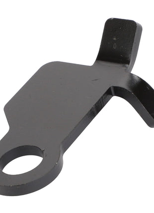 The AGCO | Latch - Acw040588A from AGCO is a sturdy black metal bracket featuring a rectangular base, two protruding tabs on one end, and a small looped hole on the opposite side.
