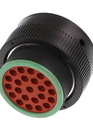 The AGCO | CONNECTOR - AG520809 by AGCO is a circular multi-pin electrical connector characterized by a black casing, green ring, and red face that features multiple holes for pins. No current product description information available.