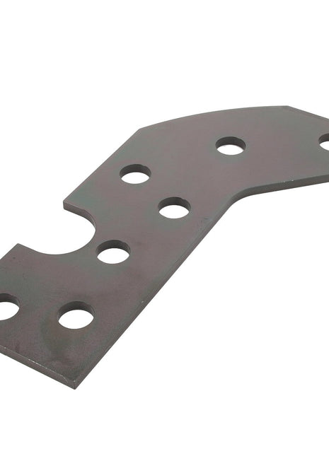 Introducing the AGCO | SPACER - D28181875: A metal bracket featuring six holes of varying sizes, ideal for structural support or assembly. The bracket exhibits an unfinished or matte finish. Currently, there is no additional product description information available.