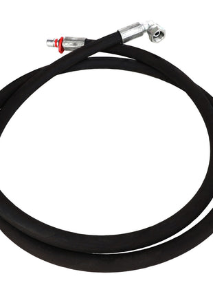 A coiled black rubber hose with metal connectors on both ends—one straight and the other bent at a 90-degree angle, product name AGCO | HOSE - AL9032534 by AGCO.