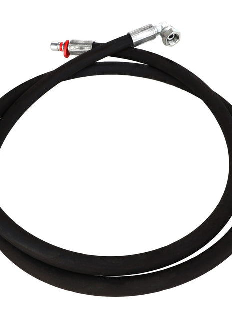 A coiled black rubber hose with metal connectors on both ends—one straight and the other bent at a 90-degree angle, product name AGCO | HOSE - AL9032534 by AGCO.