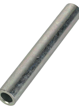 A close-up view of the AGCO Strut Bushing - Acw7591620, a metallic cylindrical tube that is hollow and slightly reflective, lying horizontally on a white background.