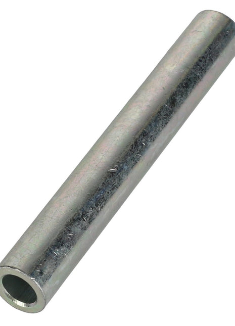 A close-up view of the AGCO Strut Bushing - Acw7591620, a metallic cylindrical tube that is hollow and slightly reflective, lying horizontally on a white background.