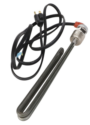 The AGCO | HEATER ELEMENT - AG516461 features a metal heating element with a black power cord and plug. The U-shaped heating element is securely attached to a sturdy metal fitting, ensuring reliable performance.