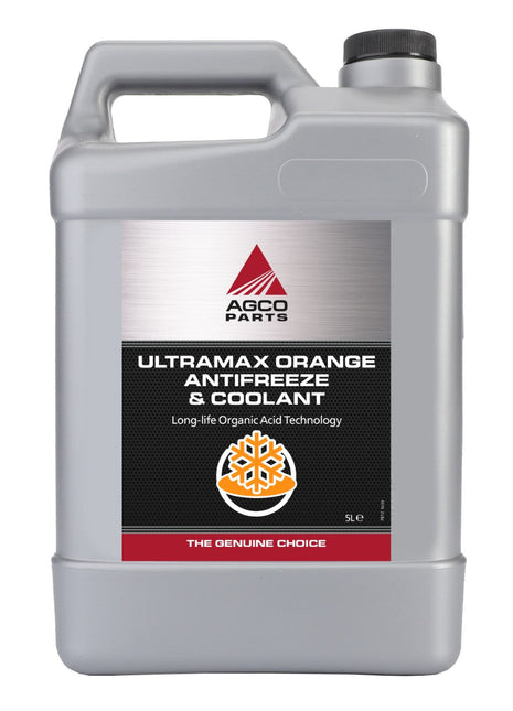 A gray plastic container of AGCO | Antifreeze Unit - Vacc3843 with a black label and red accents adorned with a snowflake graphic, perfect for Fendt machinery, featuring text indicating long-life organic acid technology.