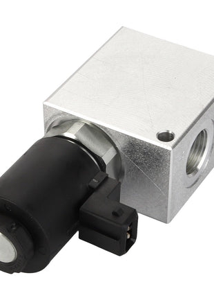 The AGCO Hydraulic Valve - Acw7604690 is a metallic solenoid valve featuring an integrated electrical connector, angled to showcase its square metal body and cylindrical black actuator.