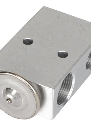 The AGCO | EXPANSION VALVE - AG718801 is a metallic hydraulic valve block featuring three threaded ports and a central round element. No current product description information is available.