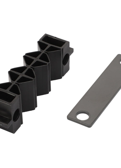 Two AGCO black plastic cable clips and an AGCO rectangular metal bracket with two holes, known as the Half Clamp - Acx3303670, are displayed on a white background. No current product description information is available.