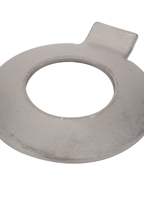 We currently do not have a description for the AGCO Thrust Washer - F198300020130 by AGCO, which is a flat, circular metal washer with a tab extension on one side and a central hole.