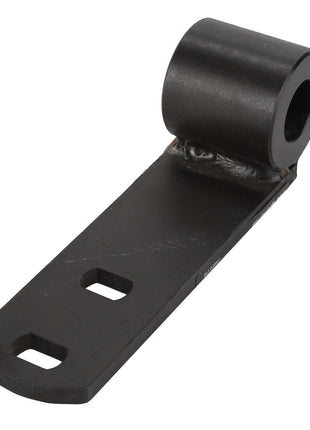 The AGCO | BRACKET - AL10358570 by AGCO is a black metal bracket featuring two rectangular holes on one end and a cylindrical piece with a hole at the other. The bracket also has a flat surface. No current product description information is available.