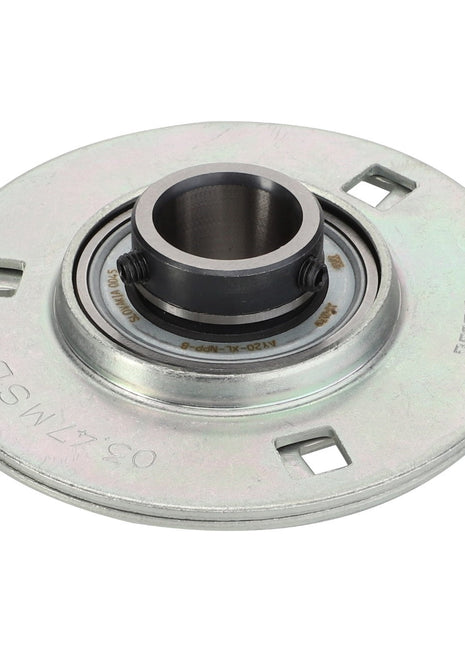 Introducing the AGCO | BEARING - D41713601: A circular metal bearing assembly featuring various engravings and a central cylindrical component, specifically designed to facilitate rotational movement.