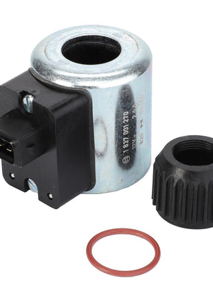 The AGCO | Magnet Coil - F916961020210, designed with both metal and plastic materials and featuring an integrated electrical connector, meets OE quality standards. Nearby, a black plastic cap and a red rubber O-ring essential for AGCO equipment are included.