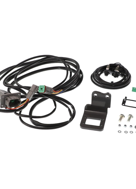 AGCO's accessory kit, model AL60007847, includes a wiring harness with various cables, connectors, and a black mounting bracket. It is meticulously packaged alongside screws, washers, and small electrical components against a pristine white background.