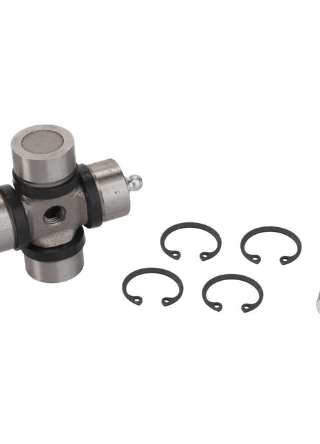 The AGCO | Spider - Fel103103 universal joint kit includes a cross-shaped metal joint, four circular retaining clips, a small bolt, a grease zerk fitting, and a small metal plug. It is displayed against a white background. No current product description is available.